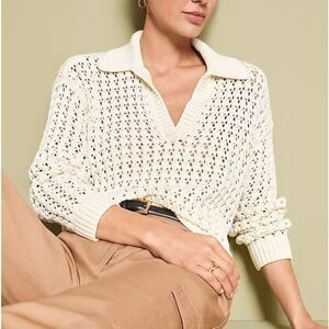 Loft ecru crochet collared sweater size xxs